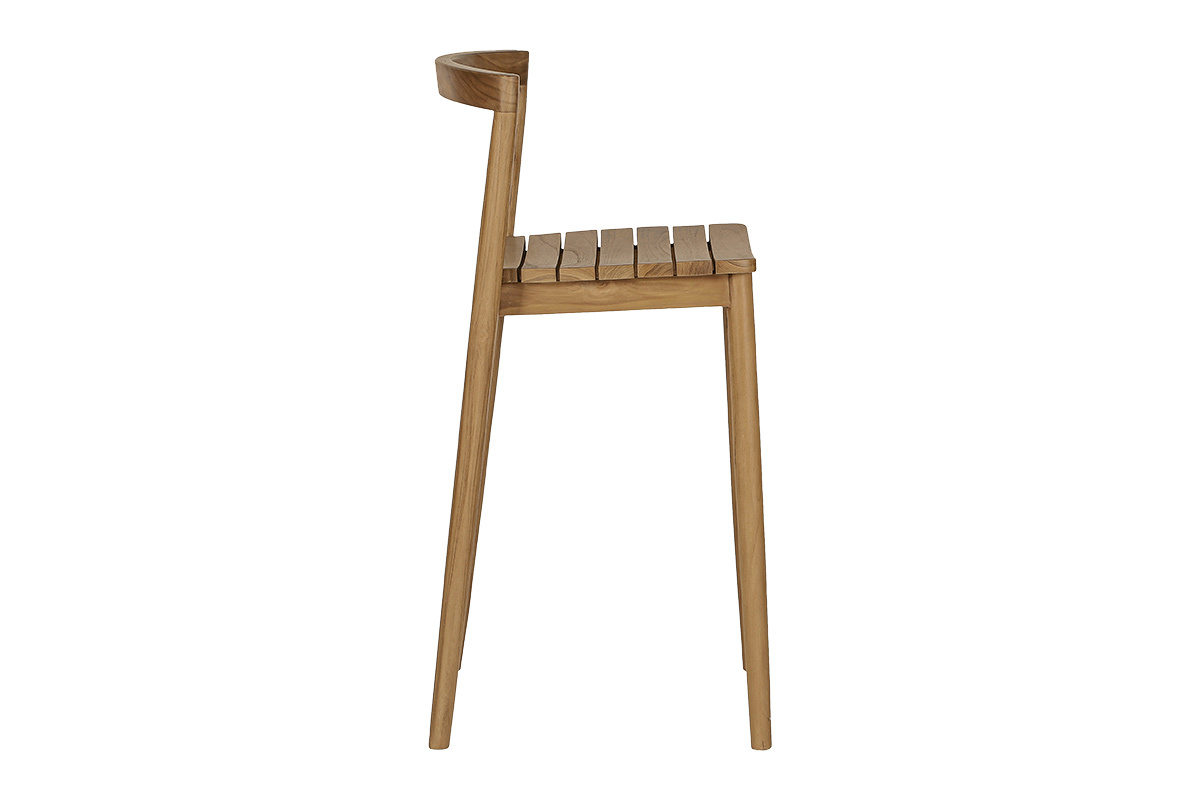 Sgabello da giardino in teak massiccio, vista di profilo, design essenziale e impilabile.