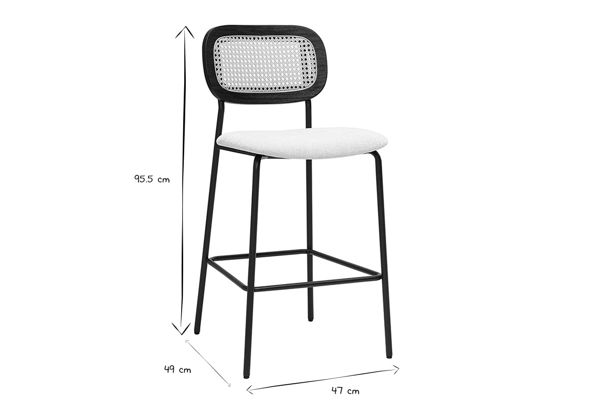 Sgabelli design in tessuto effetto velluto beige, metallo nero e canna di rattan (set di 2) MIRANDA