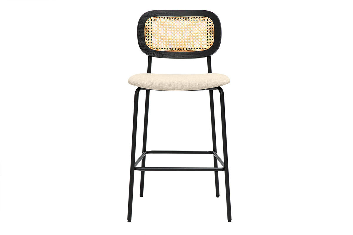 Sgabelli design in tessuto effetto velluto beige, metallo nero e canna di rattan (set di 2) MIRANDA