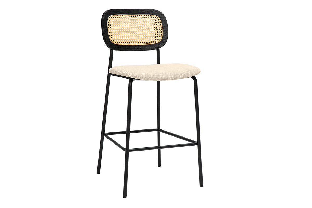 Sgabelli design in tessuto effetto velluto beige, metallo nero e canna di rattan (set di 2) MIRANDA