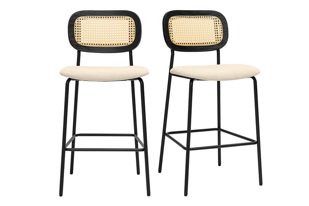 Sgabelli design in tessuto effetto velluto beige, metallo nero e canna di rattan (set di 2) MIRANDA