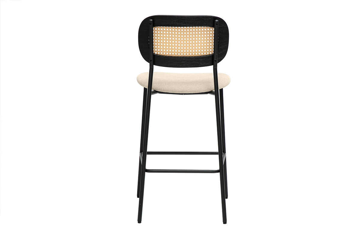 Sgabelli design in tessuto effetto velluto beige, metallo nero e canna di rattan (set di 2) MIRANDA