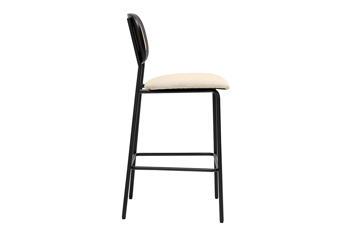 Sgabelli design in tessuto effetto velluto beige, metallo nero e canna di rattan (set di 2) MIRANDA