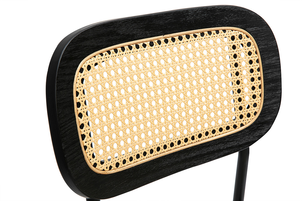 Sgabelli design in tessuto effetto velluto beige, metallo nero e canna di rattan (set di 2) MIRANDA