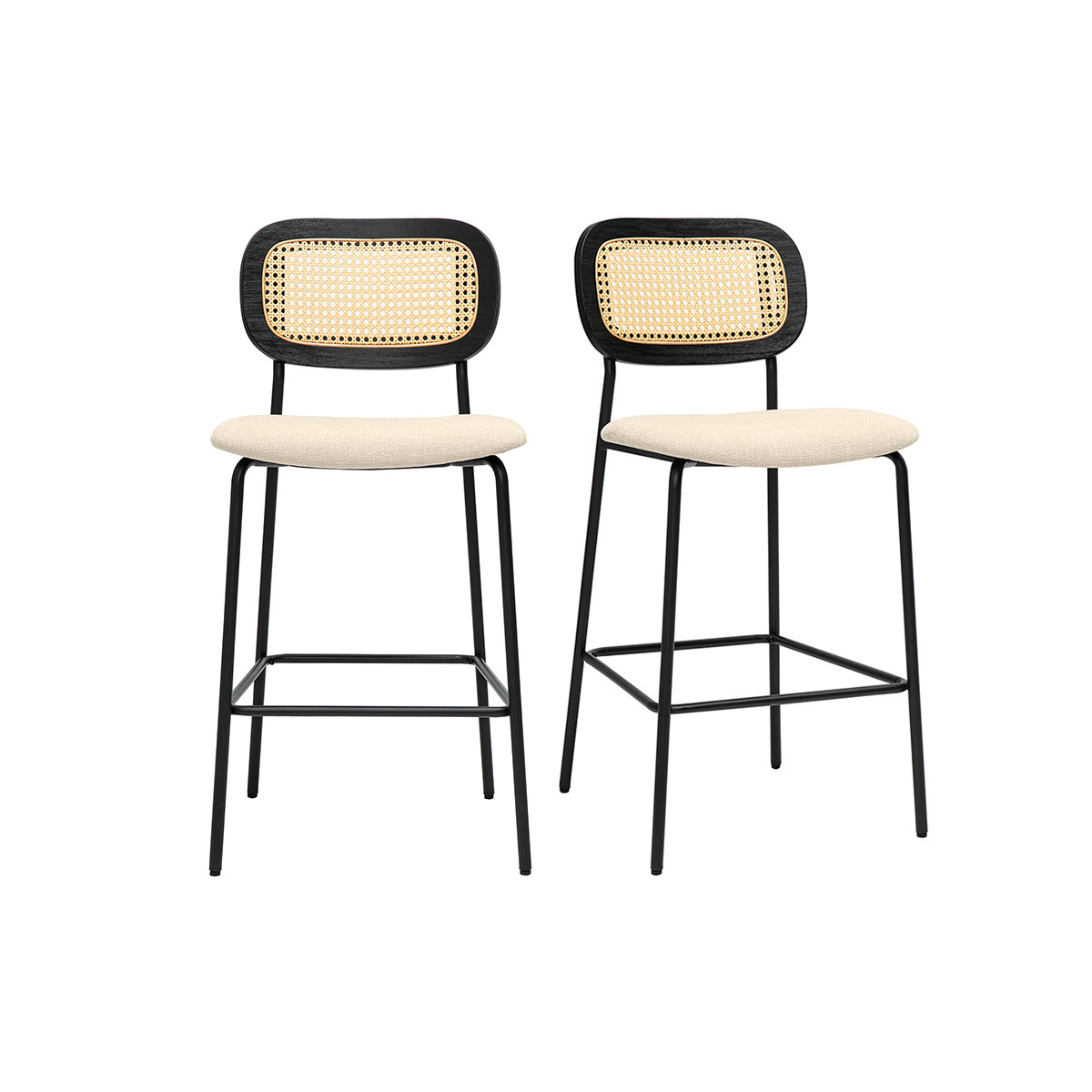 Sgabelli design in tessuto effetto velluto beige, metallo nero e canna di rattan (set di 2) MIRANDA