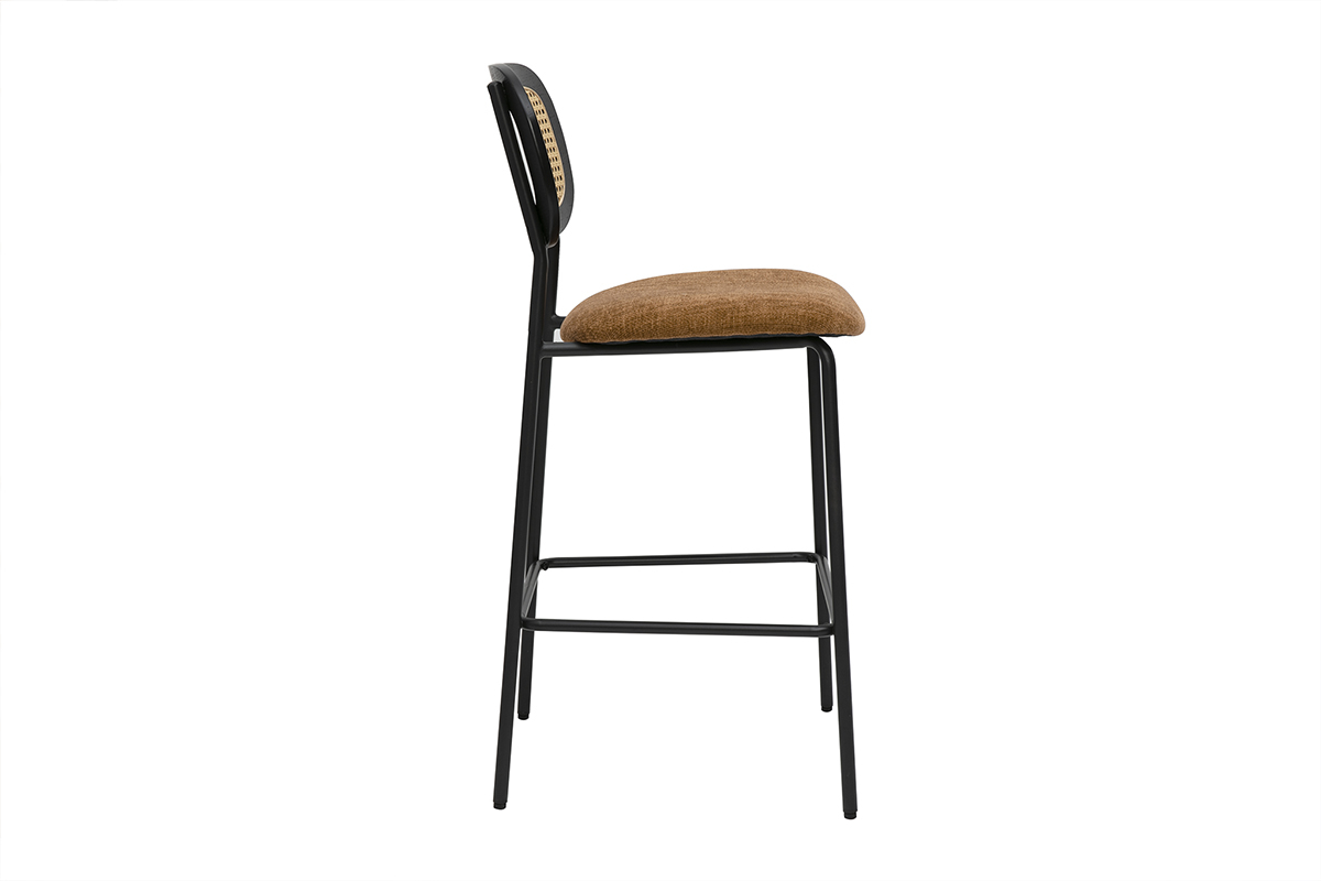 Sgabelli design in tessuto effetto velluto testurizzato terra bruciata, metallo nero e cannage in rattan (set di 2) MIRANDA