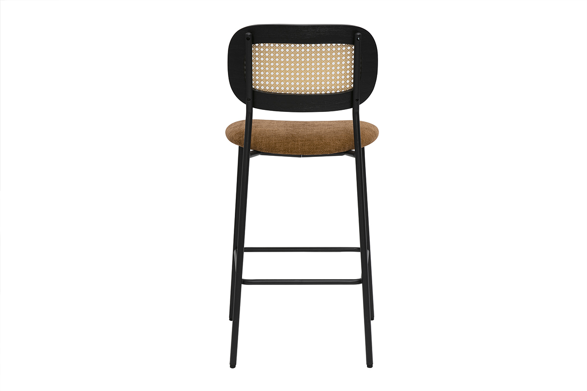 Sgabelli design in tessuto effetto velluto testurizzato terra bruciata, metallo nero e cannage in rattan (set di 2) MIRANDA
