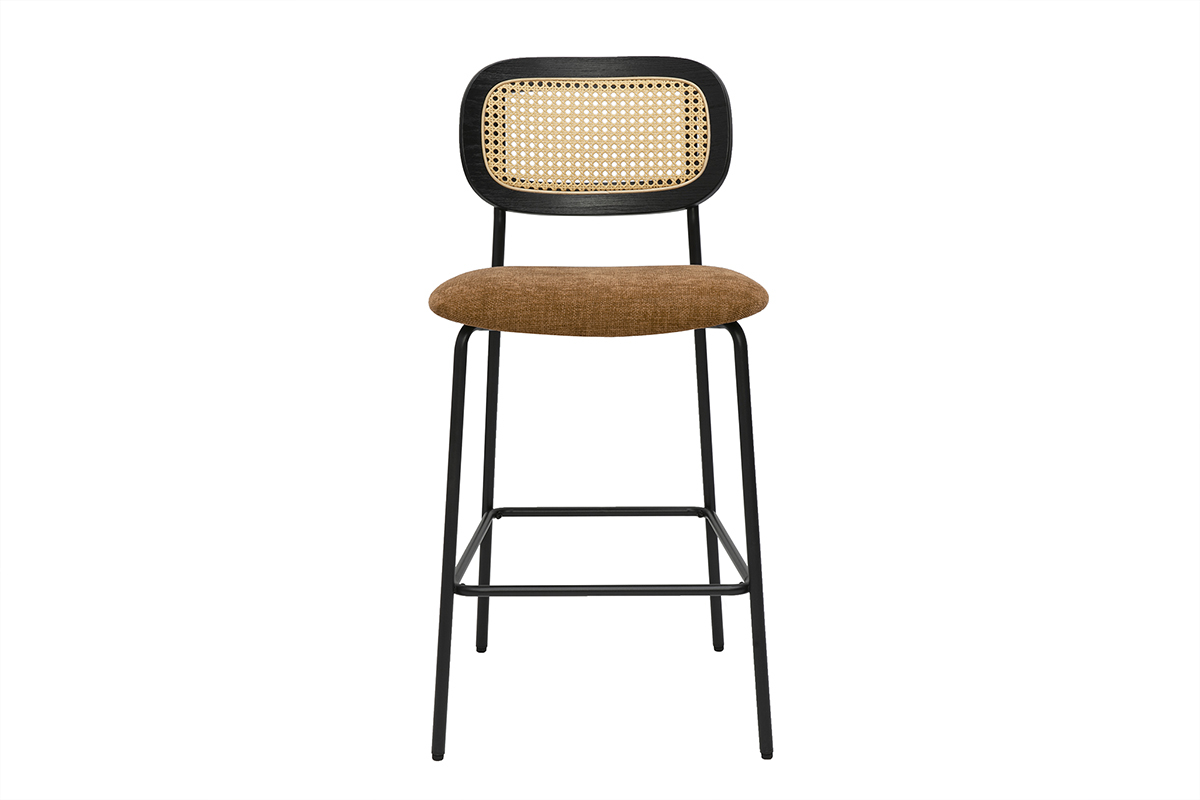 Sgabelli design in tessuto effetto velluto testurizzato terra bruciata, metallo nero e cannage in rattan (set di 2) MIRANDA
