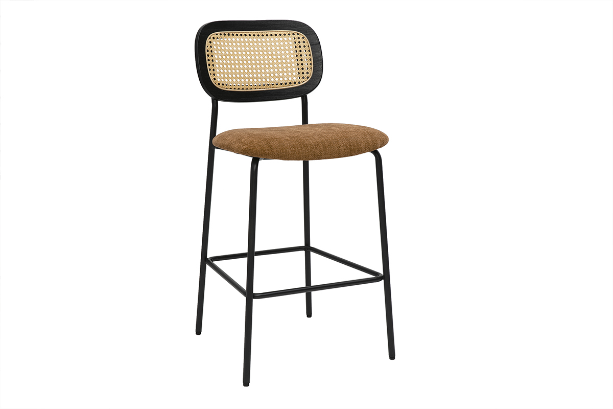 Sgabelli design in tessuto effetto velluto testurizzato terra bruciata, metallo nero e cannage in rattan (set di 2) MIRANDA