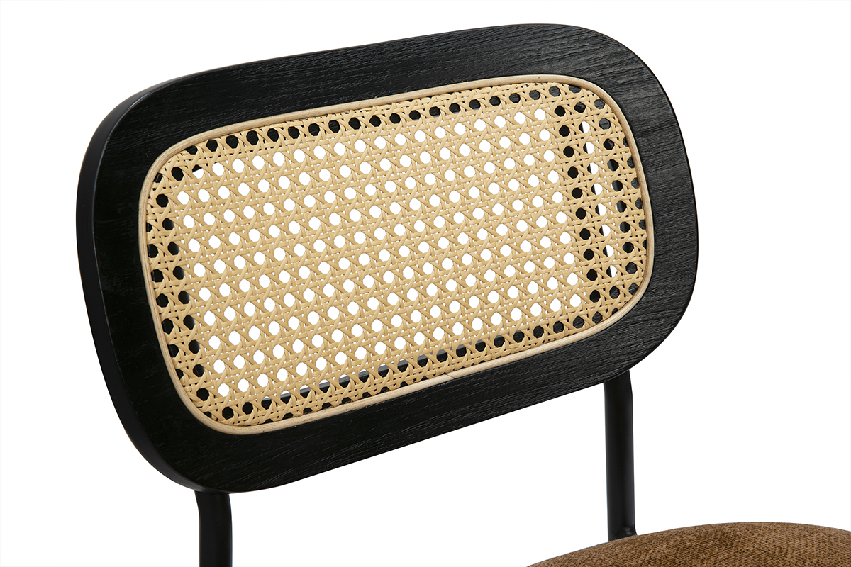 Sgabelli design in tessuto effetto velluto testurizzato terra bruciata, metallo nero e cannage in rattan (set di 2) MIRANDA