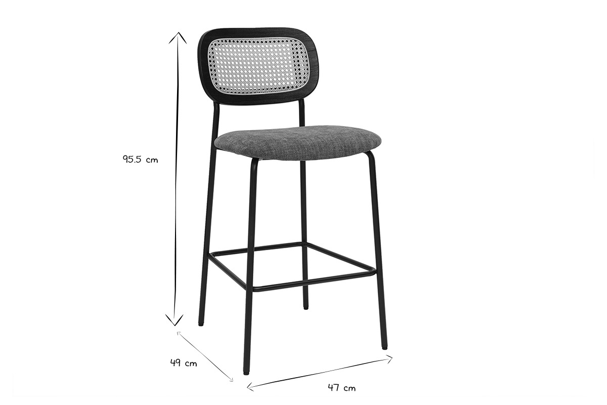 Sgabelli design in tessuto effetto velluto testurizzato terra bruciata, metallo nero e cannage in rattan (set di 2) MIRANDA
