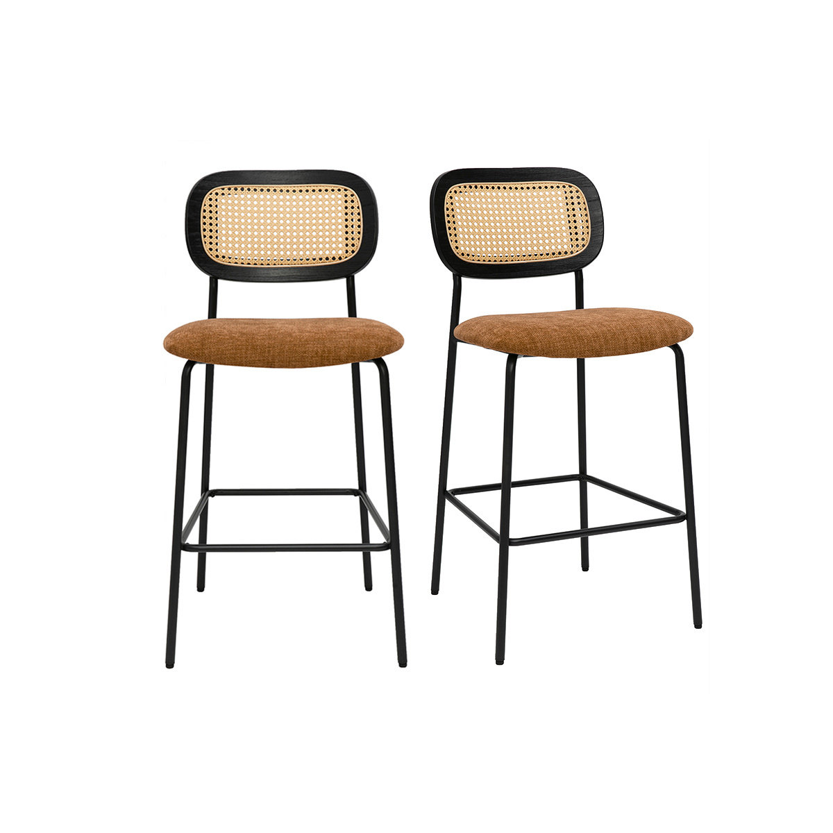 Sgabelli design in tessuto effetto velluto testurizzato terra bruciata, metallo nero e cannage in rattan (set di 2) MIRANDA