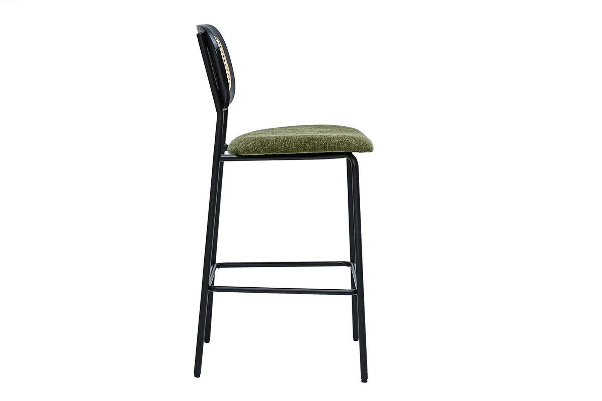 Sgabelli design in tessuto effetto velluto testurizzato verde cachi, metallo nero e rattan intrecciato (set di 2) MIRANDA