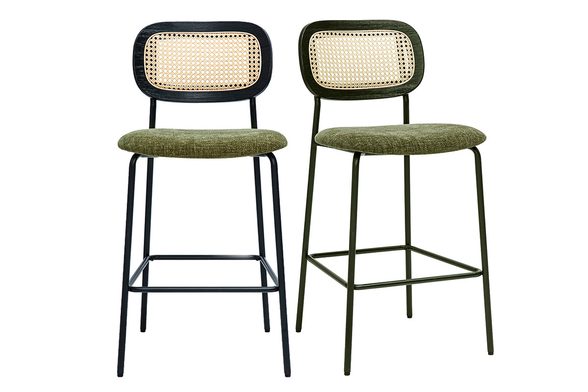Sgabelli design in tessuto effetto velluto testurizzato verde cachi, metallo nero e rattan intrecciato (set di 2) MIRANDA