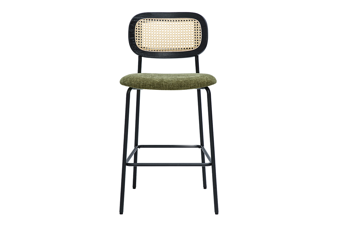 Sgabelli design in tessuto effetto velluto testurizzato verde cachi, metallo nero e rattan intrecciato (set di 2) MIRANDA