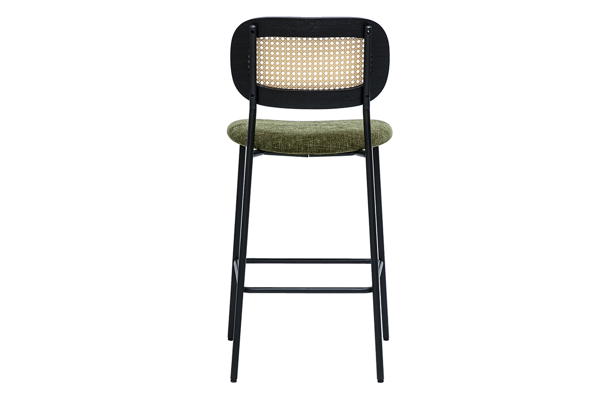 Sgabelli design in tessuto effetto velluto testurizzato verde cachi, metallo nero e rattan intrecciato (set di 2) MIRANDA