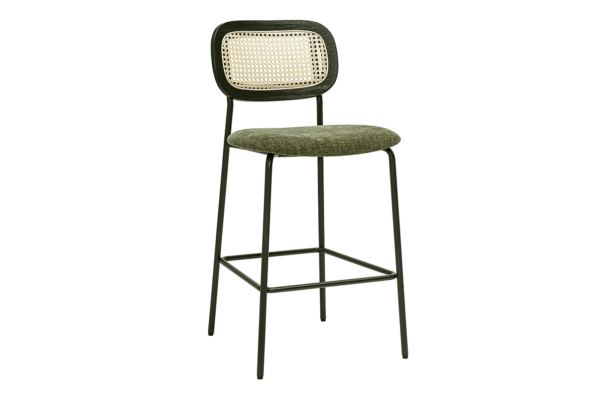 Sgabelli design in tessuto effetto velluto testurizzato verde cachi, metallo nero e rattan intrecciato (set di 2) MIRANDA