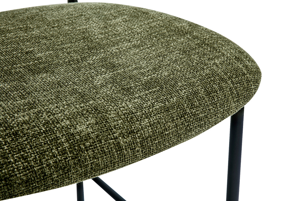 Sgabelli design in tessuto effetto velluto testurizzato verde cachi, metallo nero e rattan intrecciato (set di 2) MIRANDA