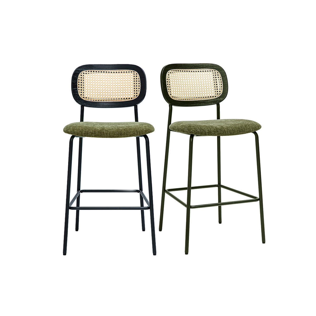 Sgabelli design in tessuto effetto velluto testurizzato verde cachi, metallo nero e rattan intrecciato (set di 2) MIRANDA