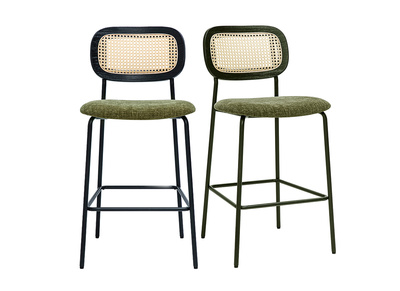 Sgabelli design in tessuto effetto velluto testurizzato verde cachi, metallo nero e rattan intrecciato (set di 2) MIRANDA