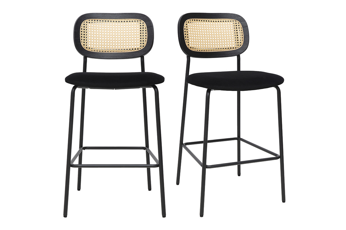 Sgabelli design in velluto nero, metallo nero e rattan intrecciato (set di 2) MIRANDA
