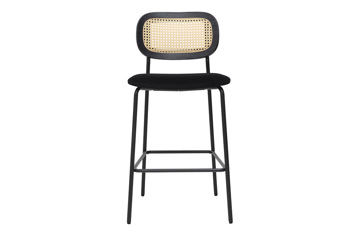 Sgabelli design in velluto nero, metallo nero e rattan intrecciato (set di 2) MIRANDA