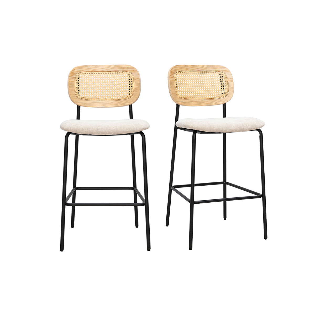 Sgabelli di design in tessuto effetto velluto testurizzato beige, metallo nero e intreccio in rattan (lotto di 2) MIRANDA