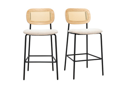 Sgabelli di design in tessuto effetto velluto testurizzato beige, metallo nero e intreccio in rattan (lotto di 2) MIRANDA