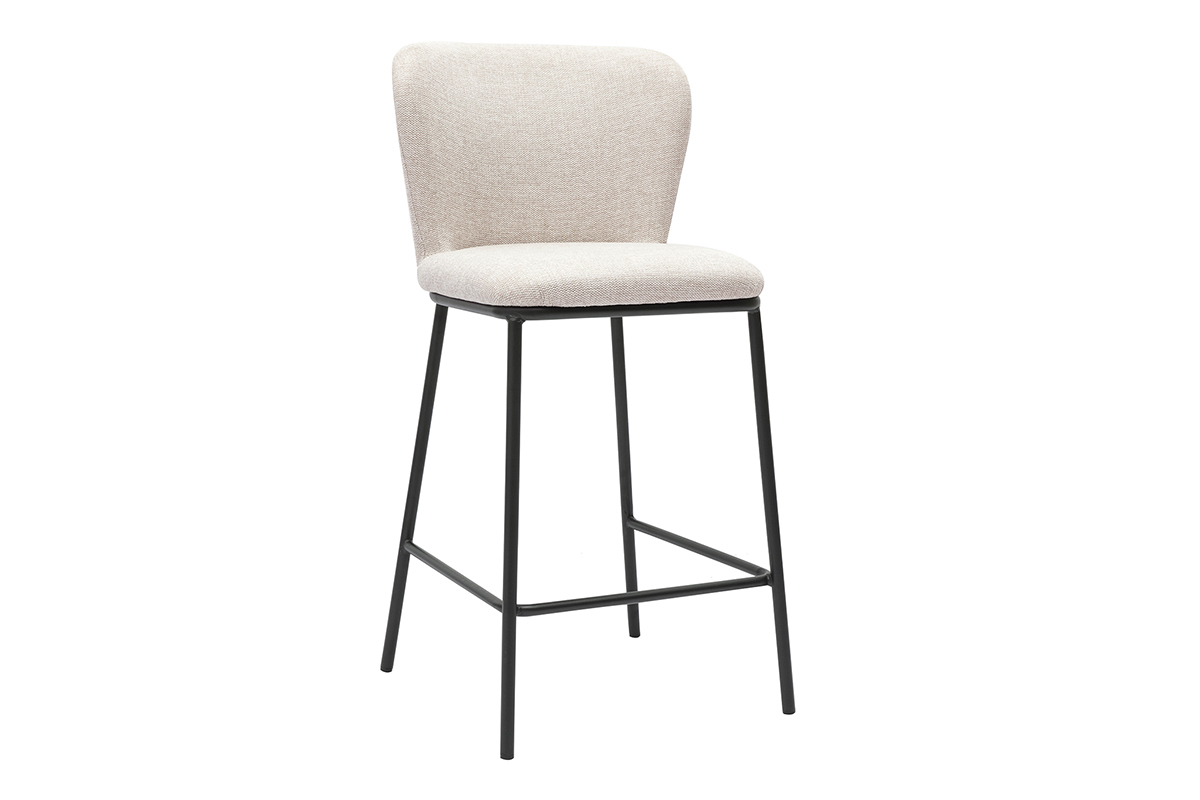 Sgabello in tessuto beige effetto velluto e metallo nero, vista a 3/4, design contemporaneo