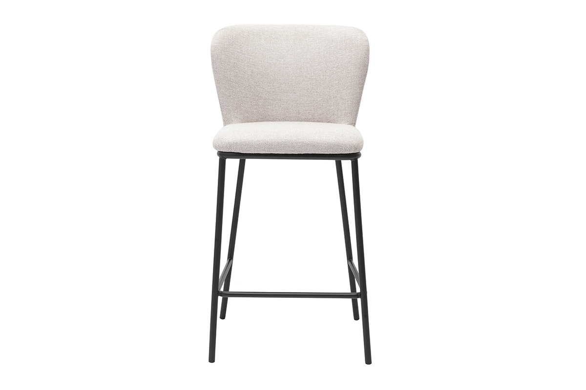 Sgabello in tessuto beige con struttura in metallo nero, vista frontale