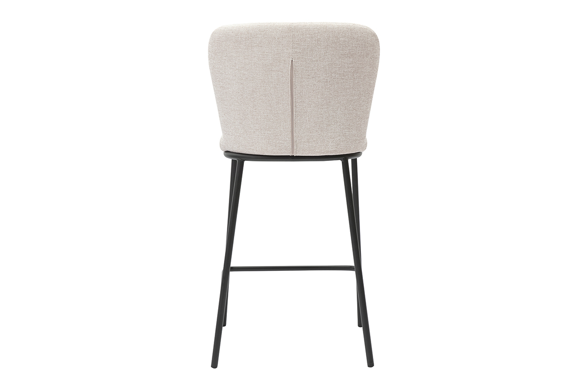 Sgabello in tessuto beige con schienale arrotondato e struttura in metallo nero, vista posteriore