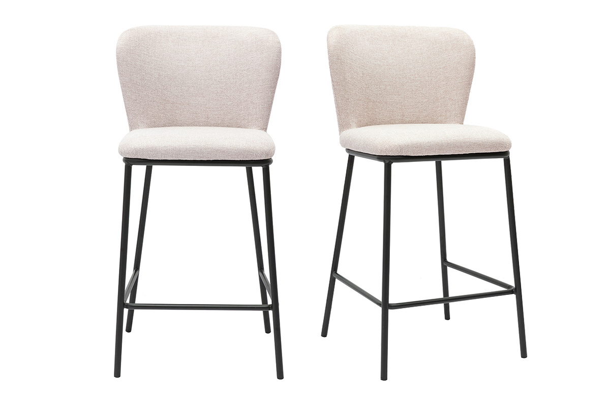 Set di 2 sgabelli in tessuto beige con struttura in metallo nero, vista frontale