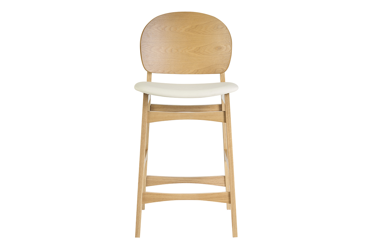 Sgabello scandinavo in legno chiaro di frassino con seduta bianca, vista frontale