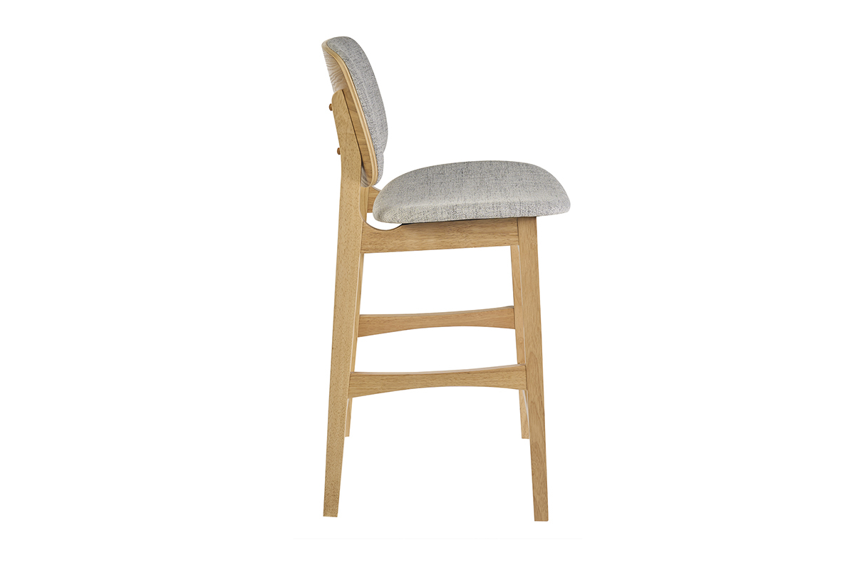 Sgabello scandinavo in legno chiaro e tessuto grigio, vista laterale, altezza 66 cm.