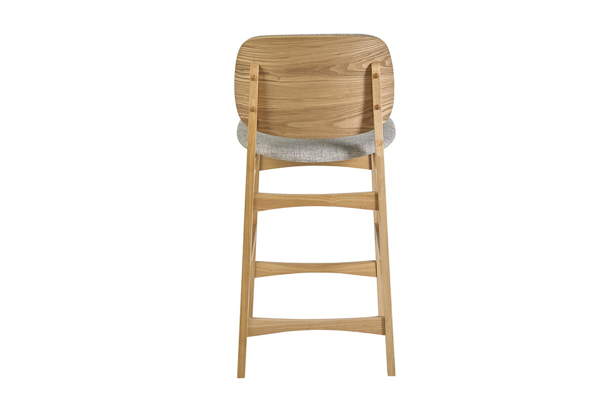 Sgabello scandinavo in legno chiaro di frassino e tessuto grigio, vista da dietro, H66 cm