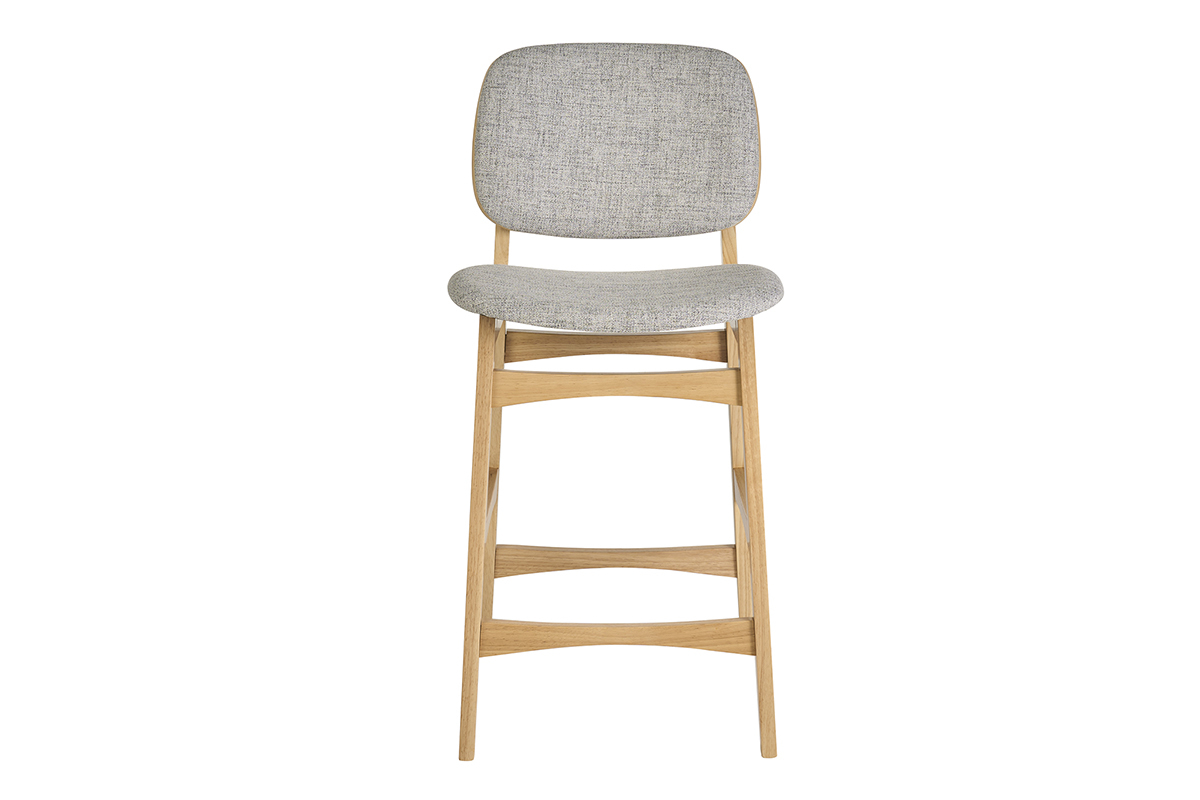 Sgabello scandinavo in legno chiaro di frassino e tessuto grigio chiaro, vista frontale, altezza 66 cm.