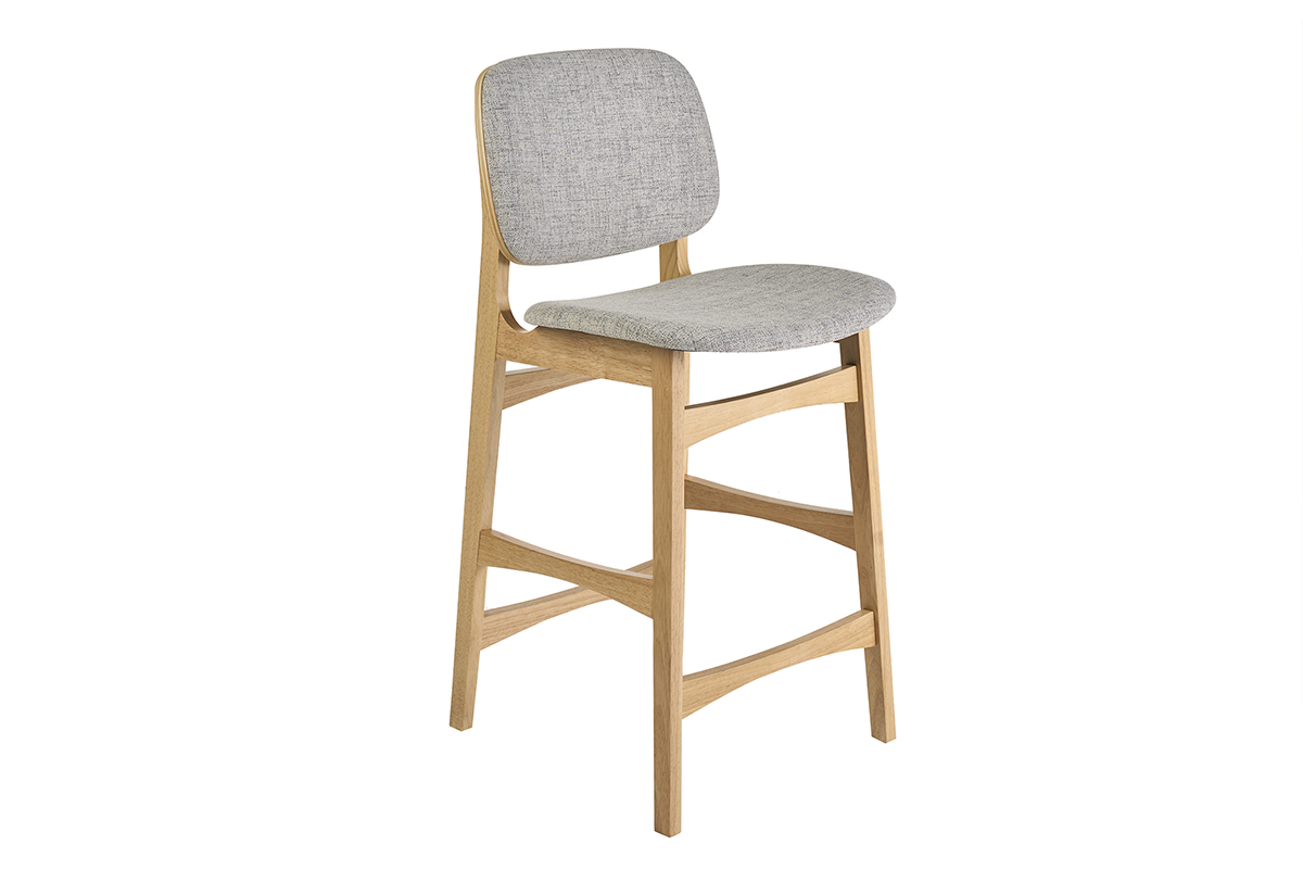 Sgabello scandinavo in legno di frassino chiaro e tessuto grigio chiaro, vista 3/4, altezza 66 cm.
