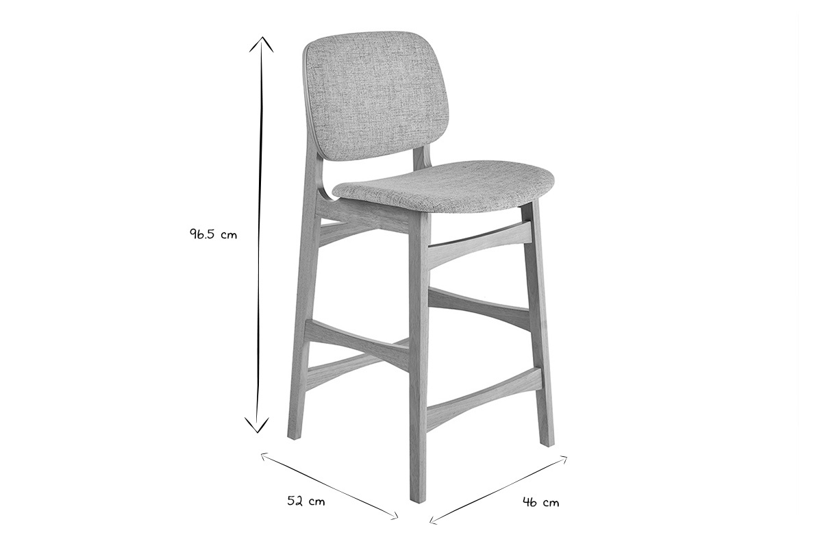 Dimensioni degli sgabelli scandinavi in legno chiaro e tessuto grigio, H96.5 cm, L52 cm, P46 cm