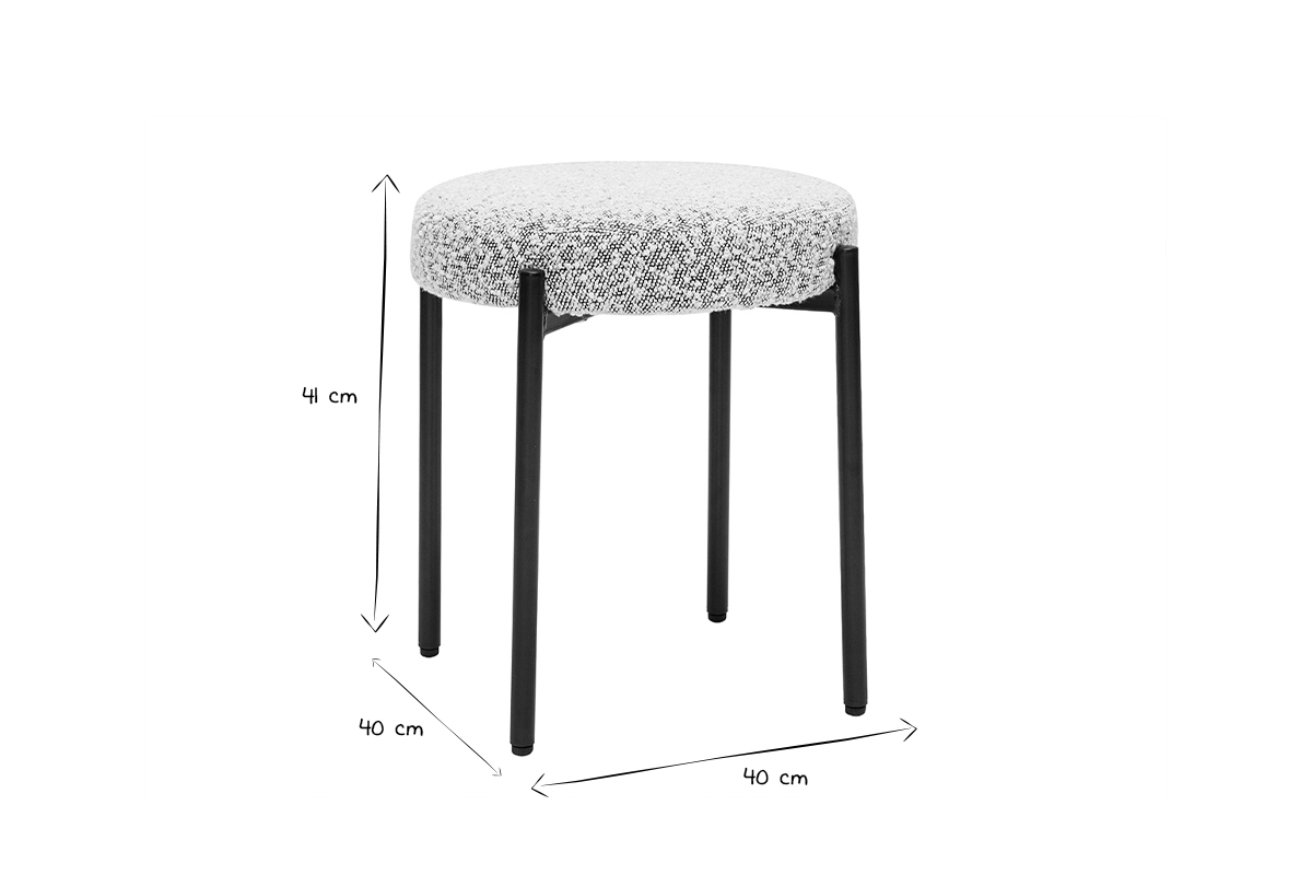 Sgabello basso impilabile in tessuto effetto lana boucl grigio chin e metallo nero H41 cm KIKO