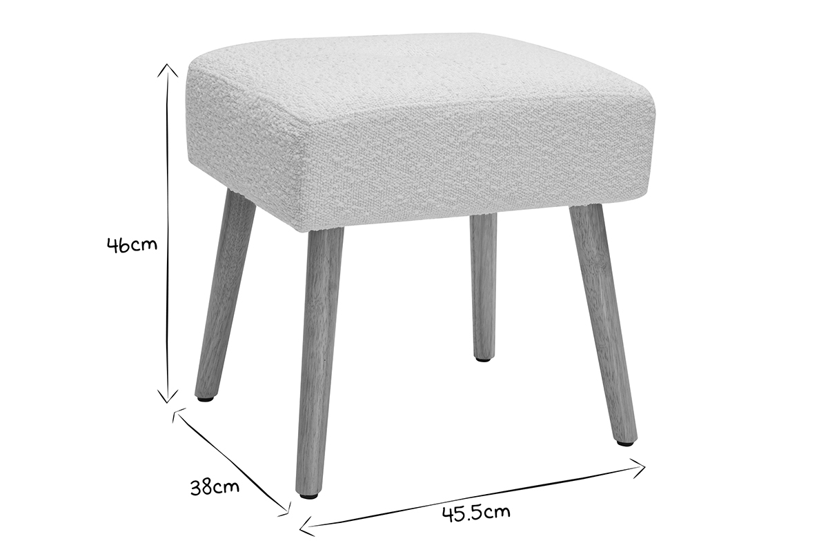 Sgabello basso in tessuto effetto lana boucl bianco e legno massello chiaro H46 cm GUESTA