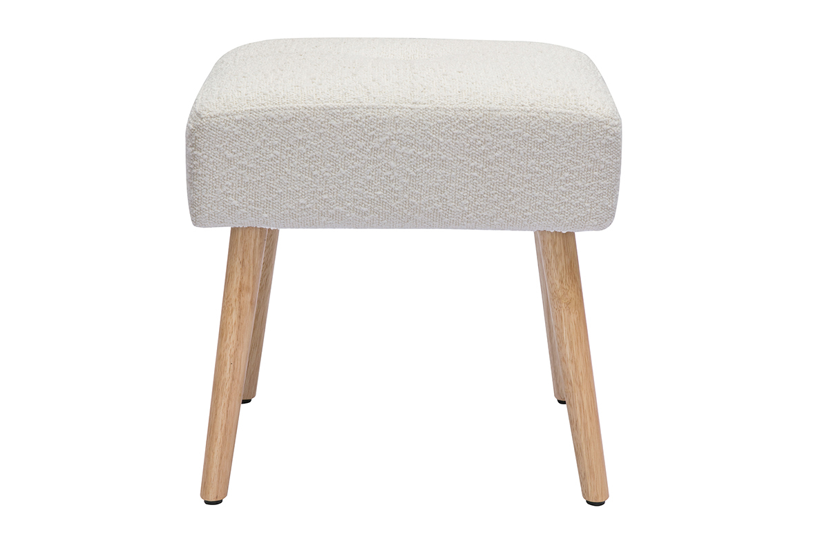Sgabello basso in tessuto effetto lana boucl bianco e legno massello chiaro H46 cm GUESTA
