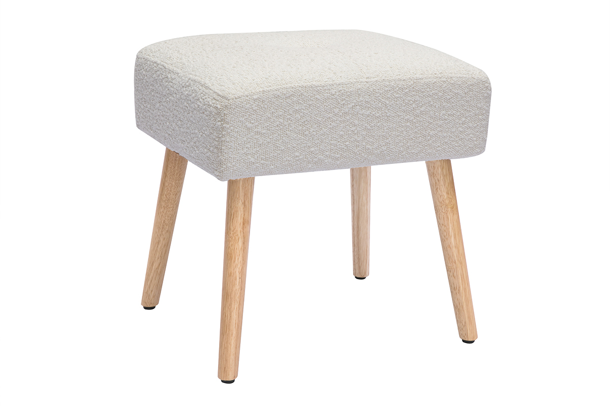 Sgabello basso in tessuto effetto lana boucl bianco e legno massello chiaro H46 cm GUESTA