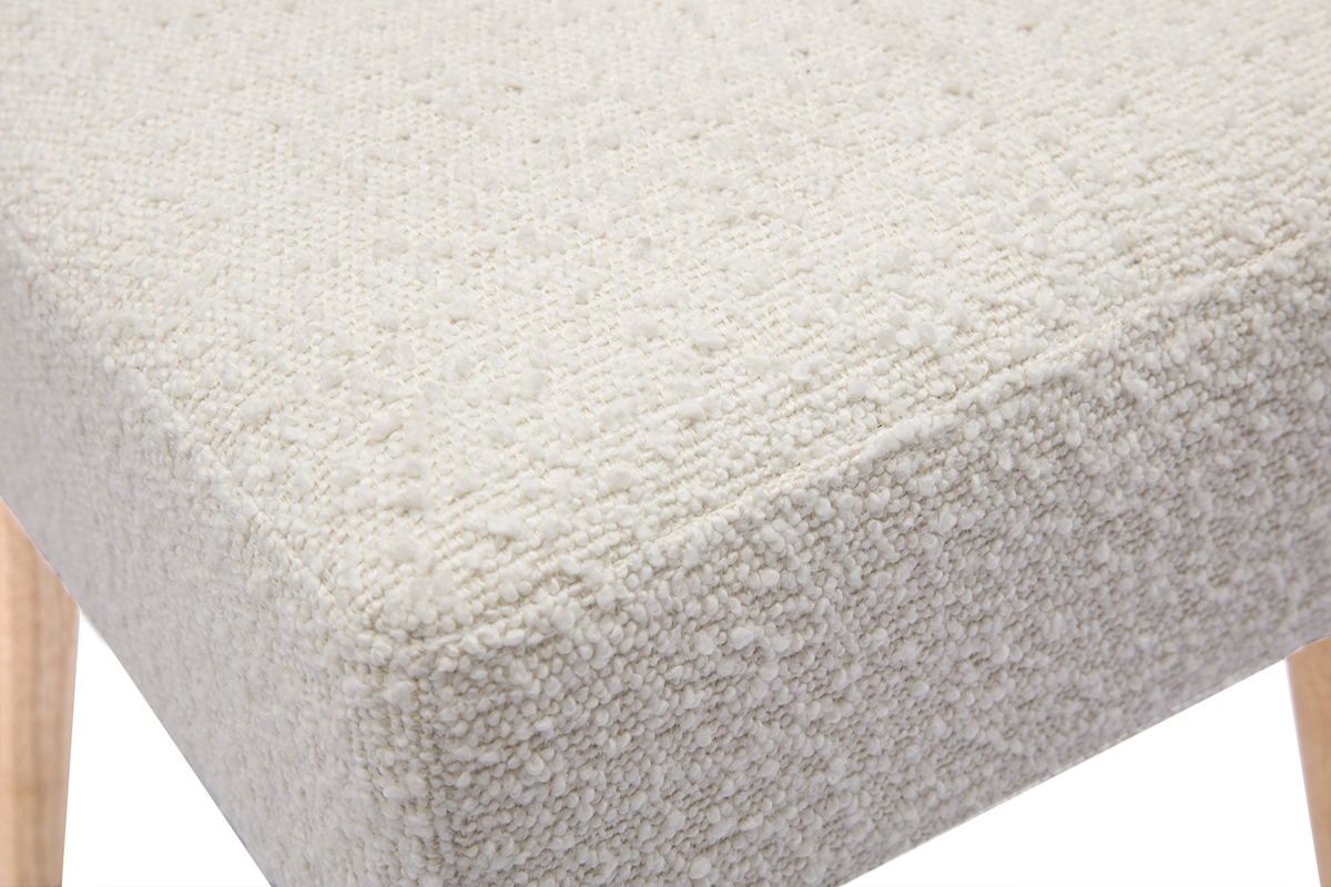 Sgabello basso in tessuto effetto lana boucl bianco e legno massello chiaro H46 cm GUESTA