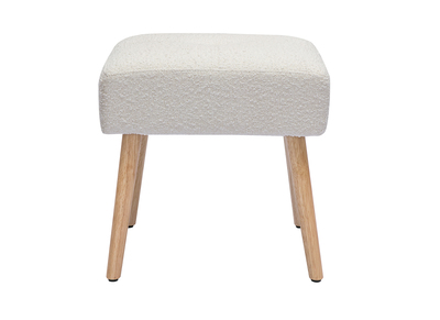 Sgabello basso in tessuto effetto lana bouclé bianco e legno massello chiaro H46 cm GUESTA