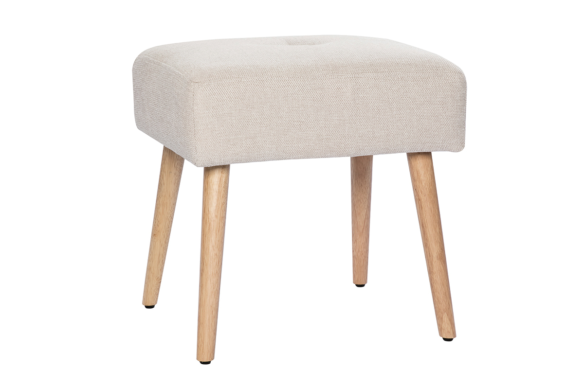 Sgabello basso in tessuto effetto velluto testurizzato beige e legno massello chiaro H46 GUESTA
