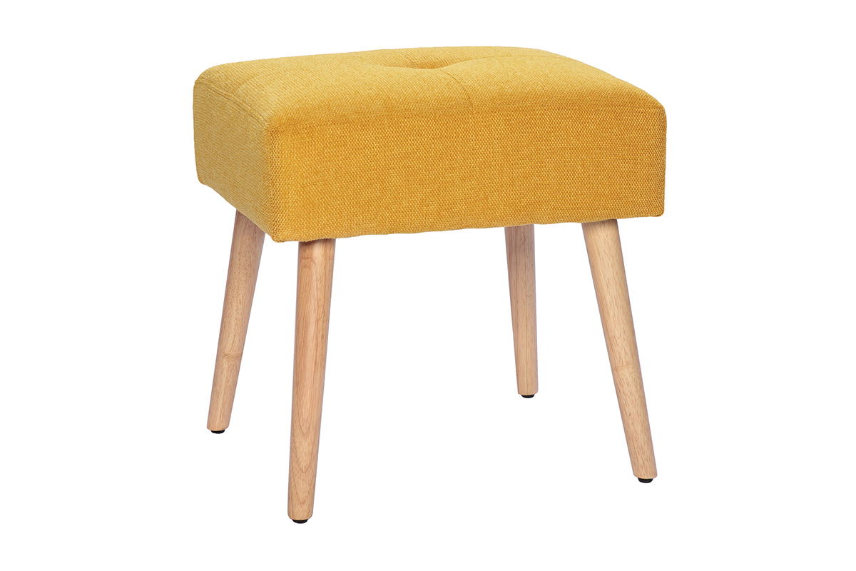 Sgabello basso in tessuto effetto velluto testurizzato giallo senape e legno massello chiaro H46 GUESTA