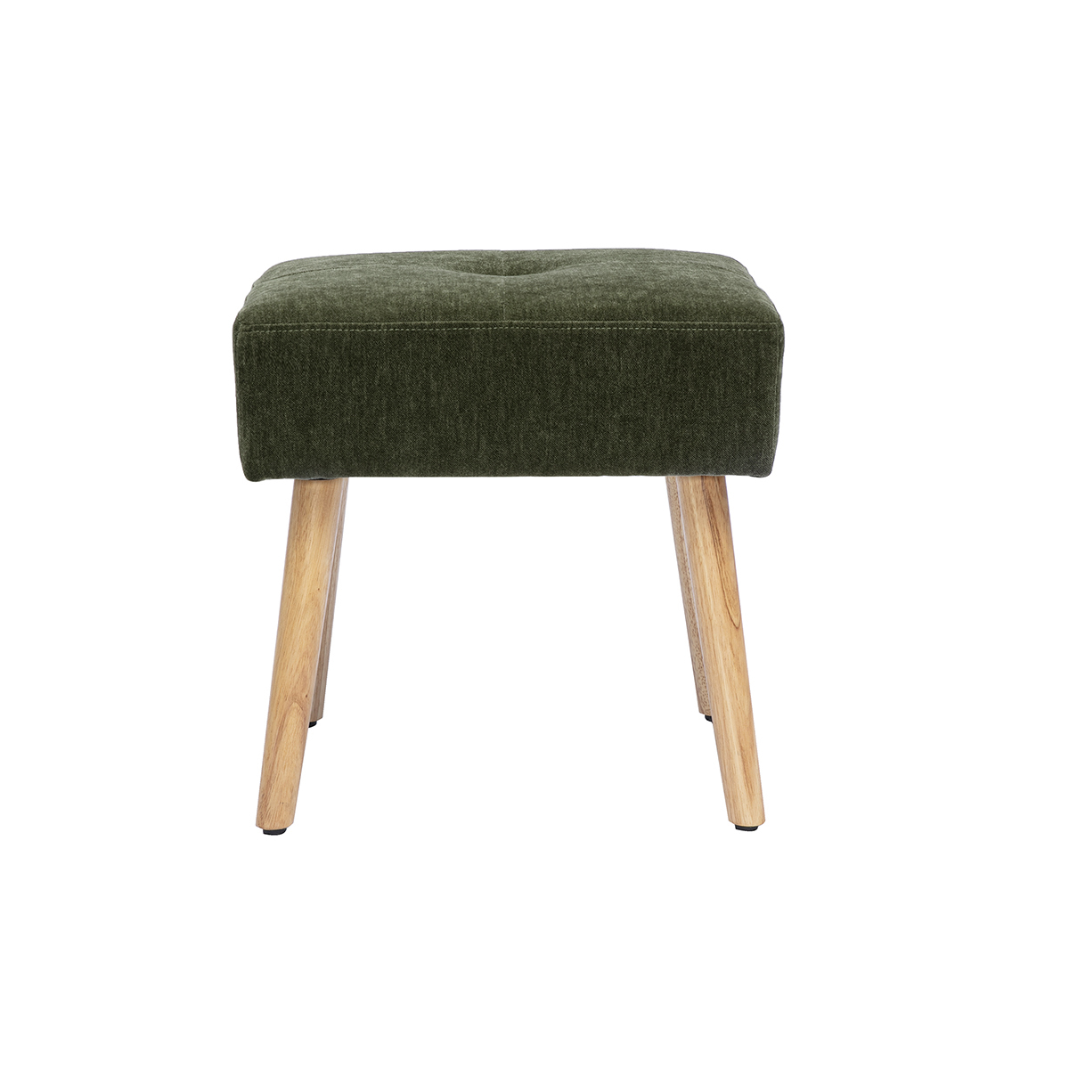 Sgabello basso in tessuto effetto velluto verde kaki e legno chiaro massiccio H46 cm GUESTA