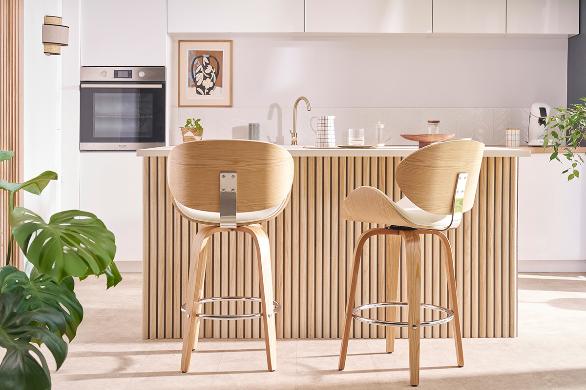 Sgabello da bar design bianco e legno chiaro 65 cm WALNUT