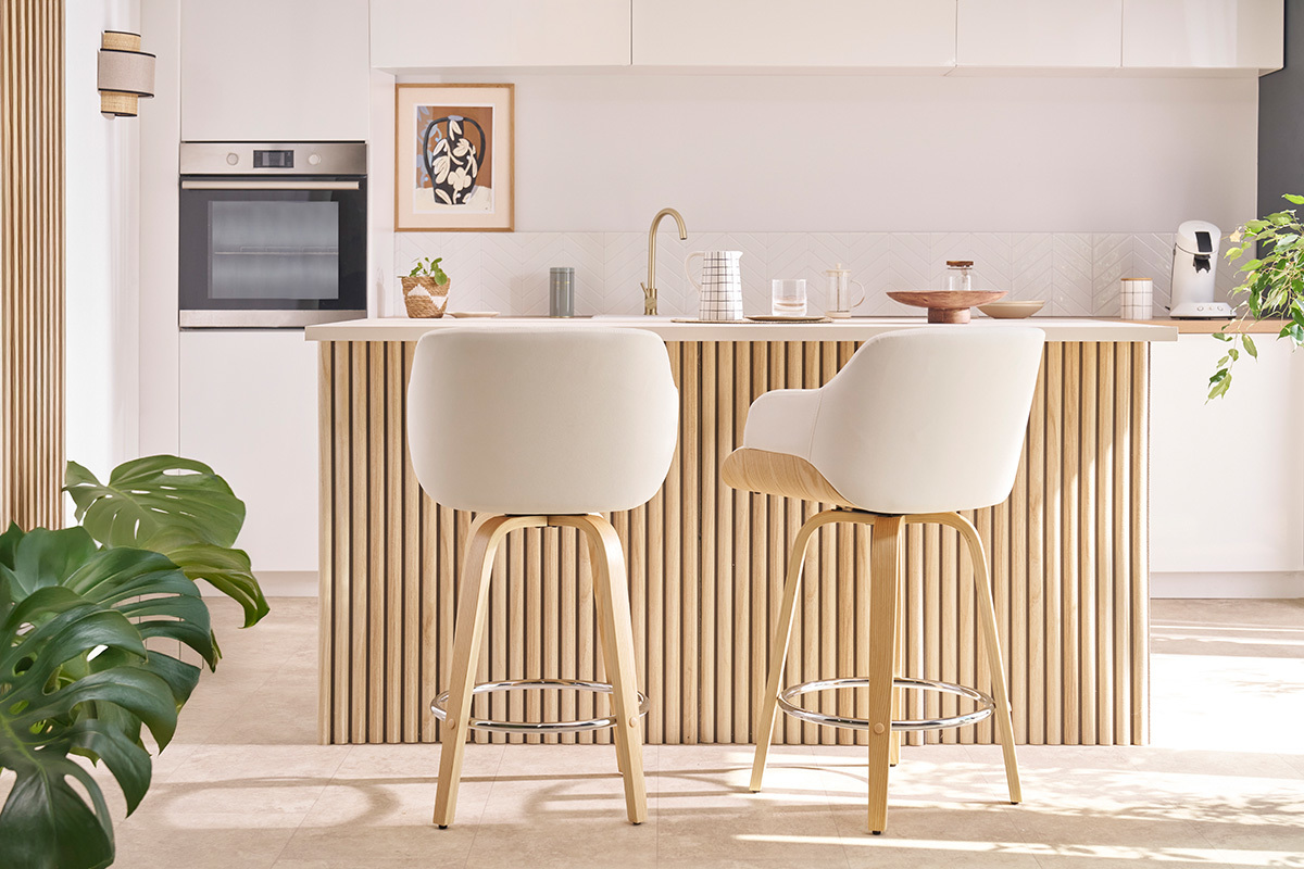 Sgabello da bar design bianco e legno chiaro H65 cm LUCIEN