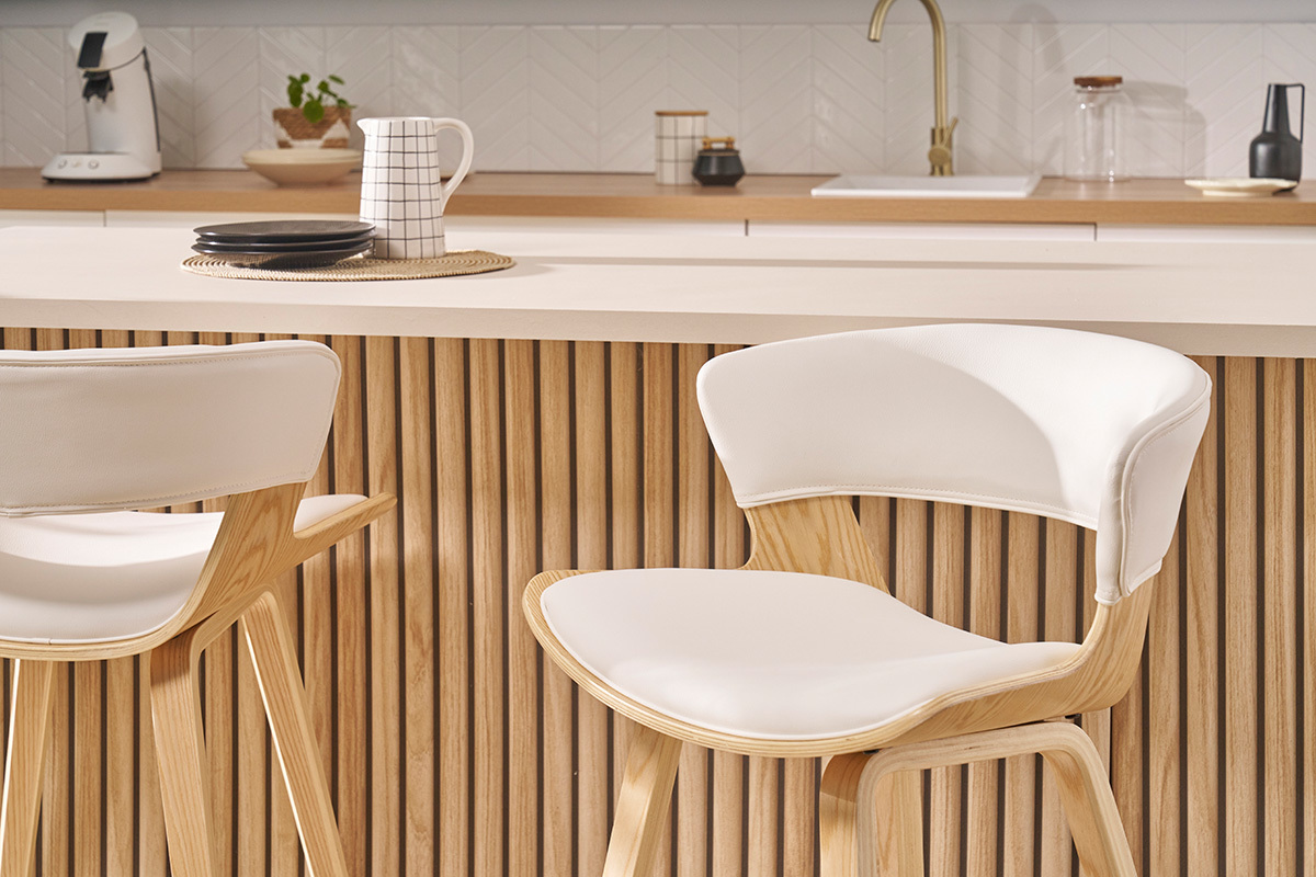 Sgabello da bar design bianco e legno chiaro H65 cm SYRAH